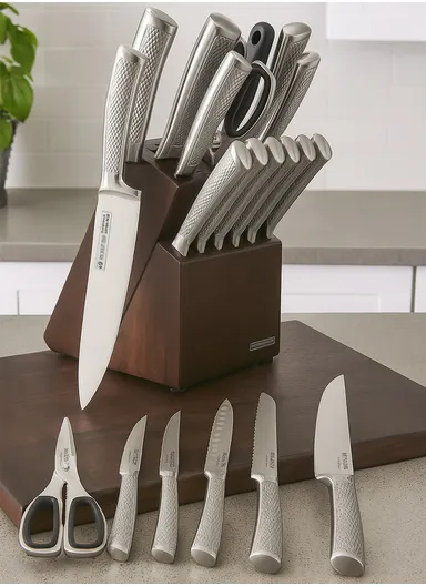 14 Pcs Kitchen Knife Set With Scissors, Sharpener &amp; Stand B22-16 - Silver 