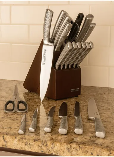 14 Pcs Kitchen Knife Set With Scissors, Sharpener &amp; Stand B22-16 - Silver 
