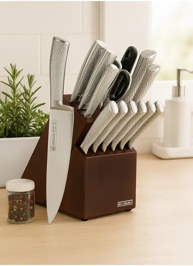 14 Pcs Kitchen Knife Set With Scissors, Sharpener &amp; Stand B22-16 - Silver 