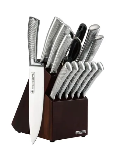 14 Pcs Kitchen Knife Set With Scissors, Sharpener &amp; Stand B22-16 - Silver 