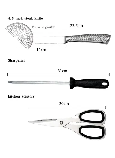 14 Pcs Kitchen Knife Set With Scissors, Sharpener &amp; Stand B22-16 - Silver 