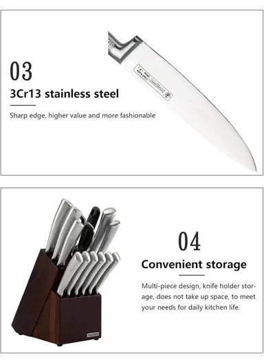 14 Pcs Kitchen Knife Set With Scissors, Sharpener &amp; Stand B22-16 - Silver 