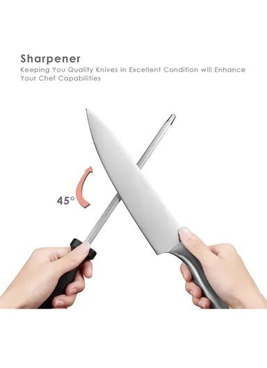 14 Pcs Kitchen Knife Set With Scissors, Sharpener &amp; Stand B22-16 - Silver 