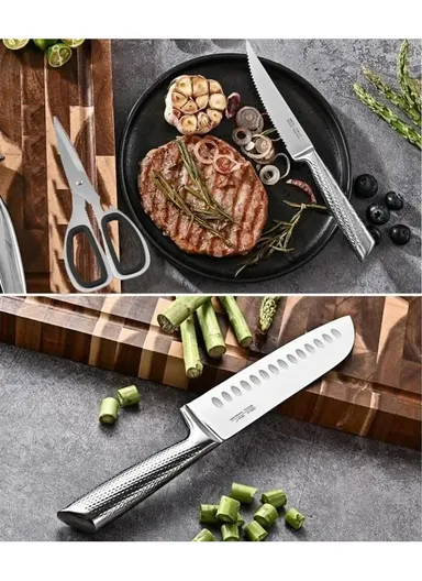 14 Pcs Kitchen Knife Set With Scissors, Sharpener &amp; Stand B22-16 - Silver 