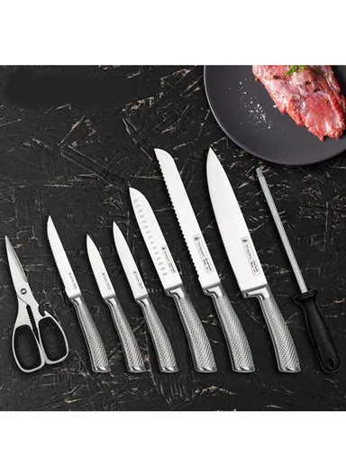 14 Pcs Kitchen Knife Set With Scissors, Sharpener &amp; Stand B22-16 - Silver 