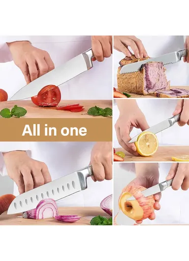 14 Pcs Kitchen Knife Set With Scissors, Sharpener &amp; Stand B22-16 - Silver 