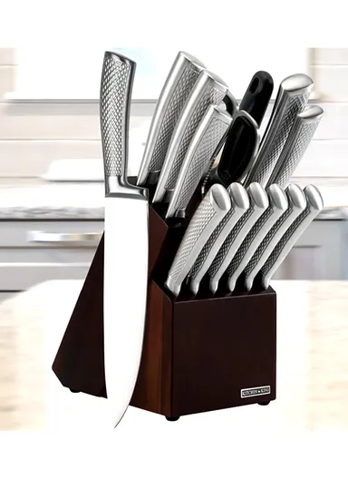 14 Pcs Kitchen Knife Set With Scissors, Sharpener &amp; Stand B22-16 - Silver 