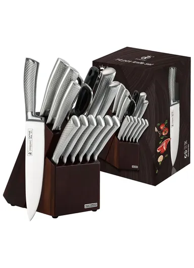 14 Pcs Kitchen Knife Set With Scissors, Sharpener &amp; Stand B22-16 - Silver 