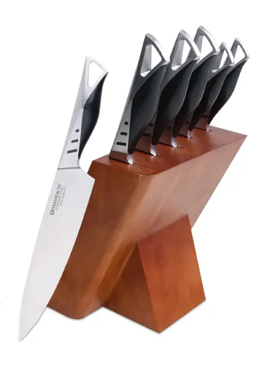 6-Pcs Professional Stainless Steel Knife Set, Stainless Steel Chef Knife Set with Wooden Stand, Slicing Knife, Bread Knife, Utility &amp; Paring Knife B22-18 - Black