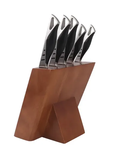6-Pcs Professional Stainless Steel Knife Set, Stainless Steel Chef Knife Set with Wooden Stand, Slicing Knife, Bread Knife, Utility &amp; Paring Knife B22-18 - Black