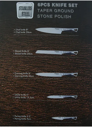 6-Pcs Professional Stainless Steel Knife Set, Stainless Steel Chef Knife Set with Wooden Stand, Slicing Knife, Bread Knife, Utility &amp; Paring Knife B22-18 - Black