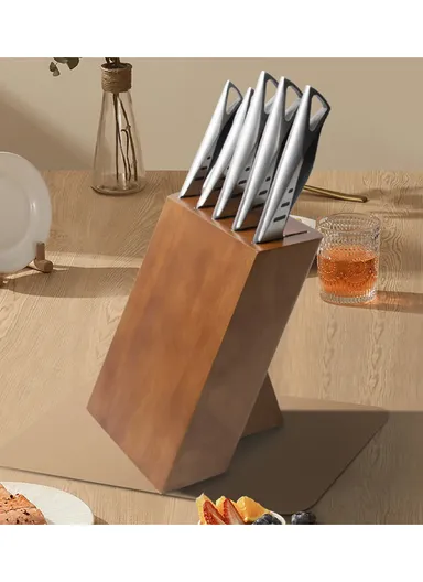 6-Pcs Professional Stainless Steel Knife Set, Stainless Steel Chef Knife Set with Wooden Stand, Slicing Knife, Bread Knife, Utility &amp; Paring Knife B22-18 - Black