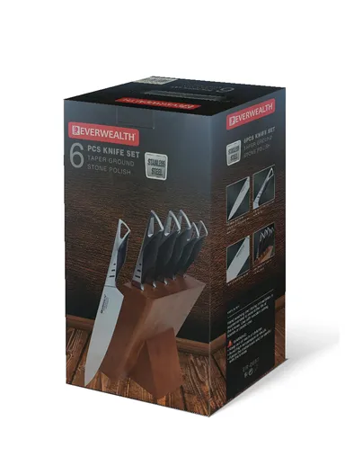 6-Pcs Professional Stainless Steel Knife Set, Stainless Steel Chef Knife Set with Wooden Stand, Slicing Knife, Bread Knife, Utility &amp; Paring Knife B22-18 - Black