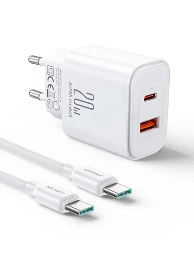1m 20W Dual-Port Charger USB-A &amp; Type-C With Type-C to C JR-TCF05 (L2.6 x W4 x H6)cm - White