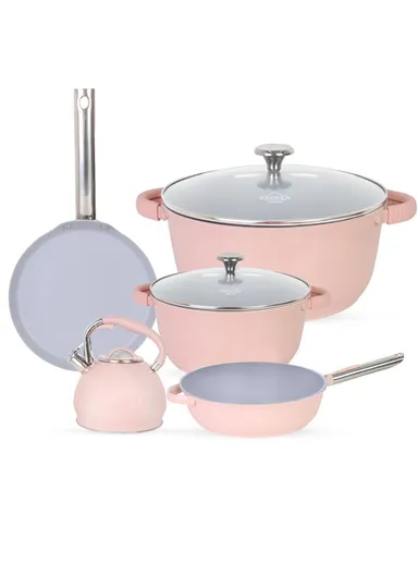 24/28cm Casserole + 22 Pizza Pan + 28cm FryPan + 3.4L Kettle Die-Cast Non-Stick Cookware Set VK-79- Pink