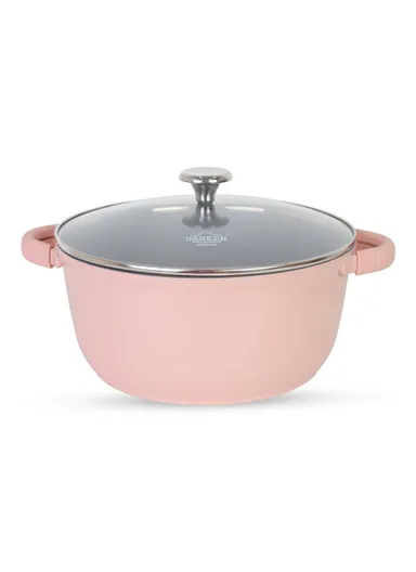 24/28cm Casserole + 22 Pizza Pan + 28cm FryPan + 3.4L Kettle Die-Cast Non-Stick Cookware Set VK-79- Pink
