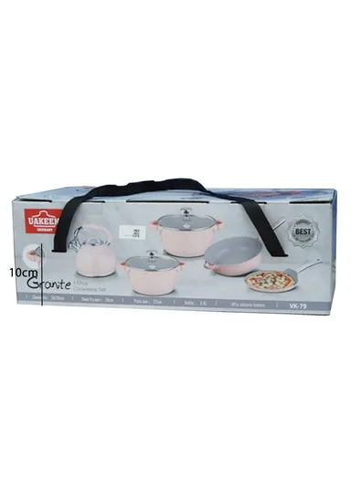 24/28cm Casserole + 22 Pizza Pan + 28cm FryPan + 3.4L Kettle Die-Cast Non-Stick Cookware Set VK-79- Pink