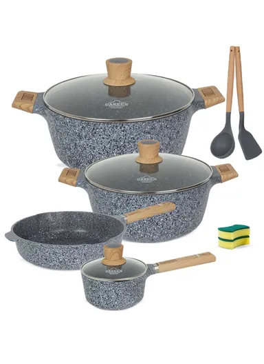  24/28 Casserole + 16cm Sauce Pan + 28cm Deep Fry Pan Granite Coating Cookware Set VK-64- Gray