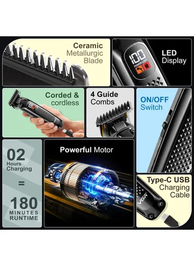 1400mAh Professional Hair Trimmer, Cord/Cordless &amp; Rechargeable Precision Beard Trimmer with LED Display V- 972