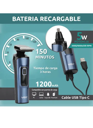 5W 4-in-1 IPX 5 Waterproof Professional Men's Grooming Kit with Adjustable 2 Speeds &amp; LED Display V-386 - Blue