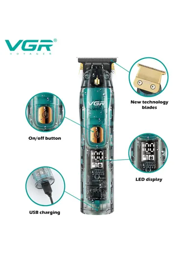 1200mAh Transparent Digital Display Hair Trimmer, IPX7 Waterproof with Ceramic Blade &amp; 180-Min Runtime V-961