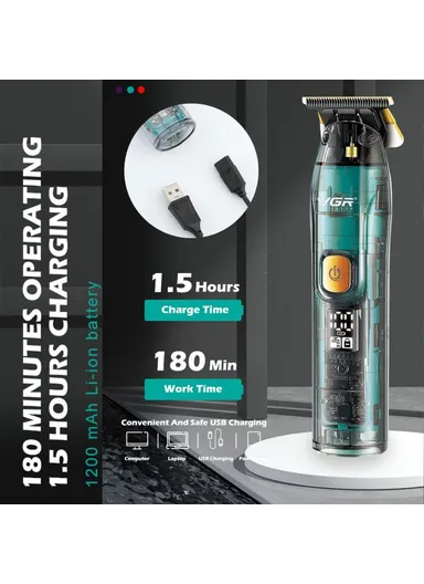 1200mAh Transparent Digital Display Hair Trimmer, IPX7 Waterproof with Ceramic Blade &amp; 180-Min Runtime V-961