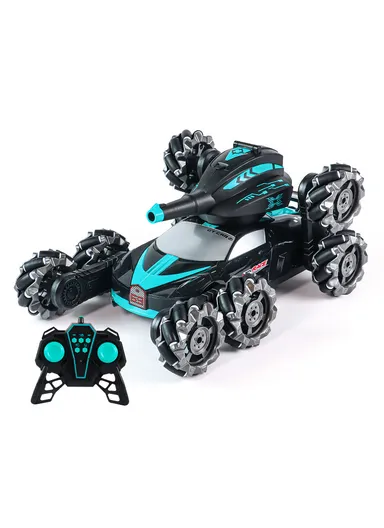 2.4Ghz RC Tank Car Shooting Water Bombs Remote Control Car Toy Eight Wheels, Spray Twisting Stunt Drift For Children - Blue