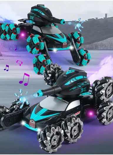 2.4Ghz RC Tank Car Shooting Water Bombs Remote Control Car Toy Eight Wheels, Spray Twisting Stunt Drift For Children - Blue