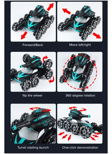 2.4Ghz RC Tank Car Shooting Water Bombs Remote Control Car Toy Eight Wheels, Spray Twisting Stunt Drift For Children - Blue
