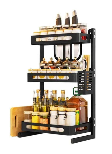 3-Layer Iron Spice Rack With Knives, Cutlery, Chopping Board &amp; Utensil Holder (W37.6 x D23.4 x H60)cm