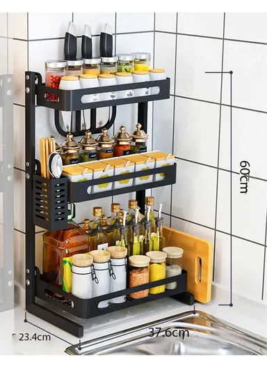3-Layer Iron Spice Rack With Knives, Cutlery, Chopping Board &amp; Utensil Holder (W37.6 x D23.4 x H60)cm