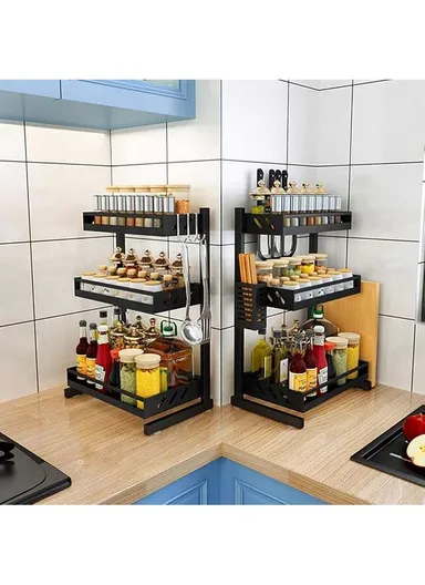 3-Layer Iron Spice Rack With Knives, Cutlery, Chopping Board &amp; Utensil Holder (W37.6 x D23.4 x H60)cm