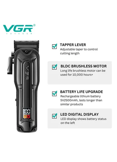 2500mAh Professional Hair Clipper with 4 Attachments (3,6,9,12)mm, Cleaning Brush, Lubricating Oil &amp; USB Charging Cable V-138