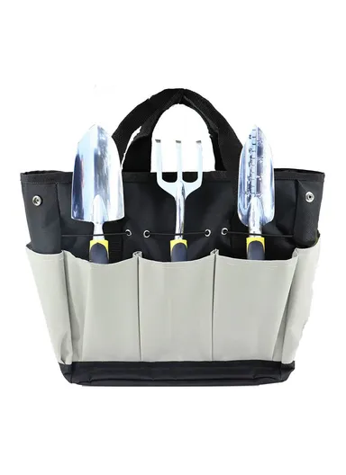 Multiple Pockets Gardening Tool Storage Bag Oxford Cloth Gardener Carry Bag Tote Bag KG0006 (L34 x W30)cm - Black + Gray