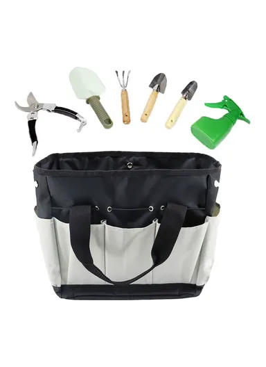 Multiple Pockets Gardening Tool Storage Bag Oxford Cloth Gardener Carry Bag Tote Bag KG0006 (L34 x W30)cm - Black + Gray