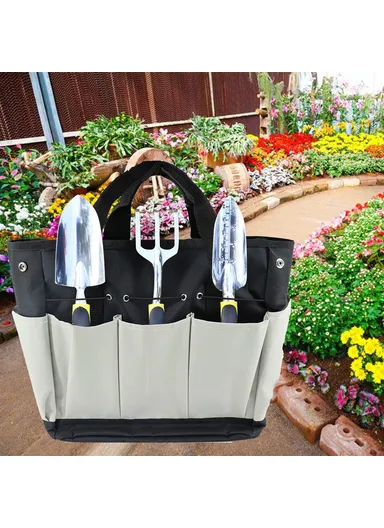 Multiple Pockets Gardening Tool Storage Bag Oxford Cloth Gardener Carry Bag Tote Bag KG0006 (L34 x W30)cm - Black + Gray
