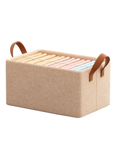 70L Imitation Linen Storage Box Wardrobe Foldable Organizer with Metal Frame (L50 x W44 x H32)cm - Beige