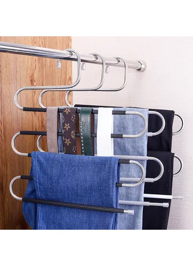 4Pcs S Shaped Pant Hangers Non-Slip Space-saving Stainless Steel Clothes Hanger Wardrobe Organizer for Pants Scarf Tie Towel - Black
