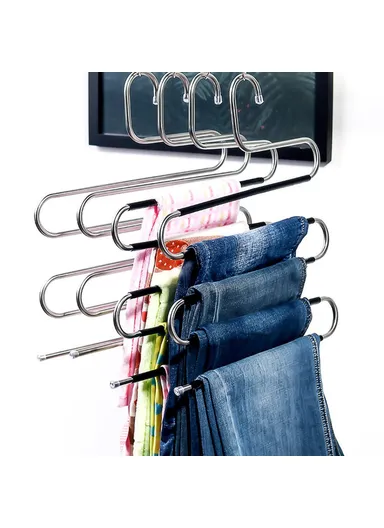 4Pcs S Shaped Pant Hangers Non-Slip Space-saving Stainless Steel Clothes Hanger Wardrobe Organizer for Pants Scarf Tie Towel - Black