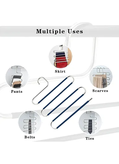 4Pcs S Shaped Pant Hangers Non-Slip Space-saving Stainless Steel Clothes Hanger Wardrobe Organizer for Pants Scarf Tie Towel - Blue