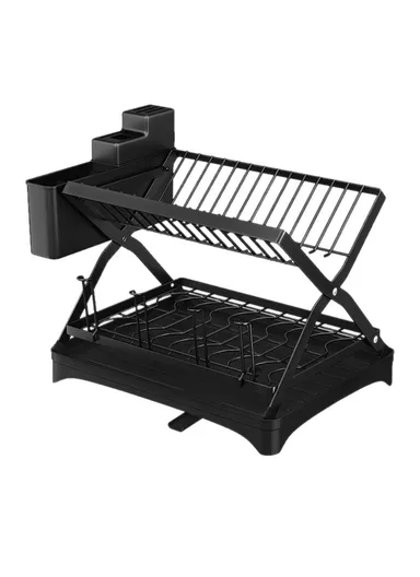 Storage Drain Rack for Kitchen Double-Layer Tableware Folding Container Holder 006-WDJ-6958-BK (L42 x W30 x H27)cm - Black