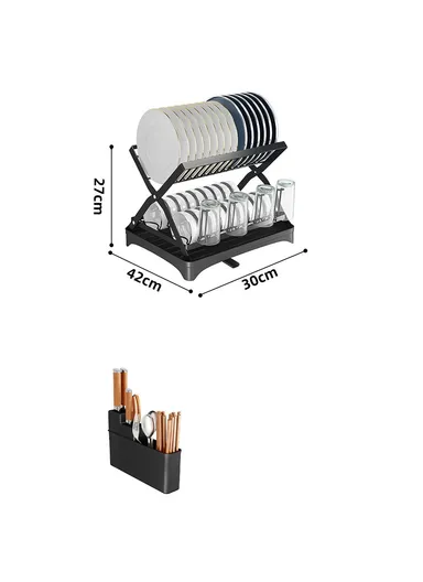 Storage Drain Rack for Kitchen Double-Layer Tableware Folding Container Holder 006-WDJ-6958-BK (L42 x W30 x H27)cm - Black