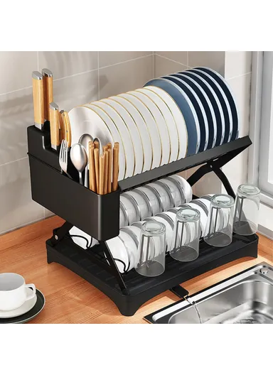 Storage Drain Rack for Kitchen Double-Layer Tableware Folding Container Holder 006-WDJ-6958-BK (L42 x W30 x H27)cm - Black