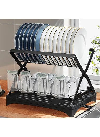 Storage Drain Rack for Kitchen Double-Layer Tableware Folding Container Holder 006-WDJ-6958-BK (L42 x W30 x H27)cm - Black