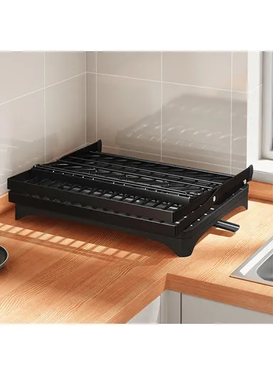 Storage Drain Rack for Kitchen Double-Layer Tableware Folding Container Holder 006-WDJ-6958-BK (L42 x W30 x H27)cm - Black