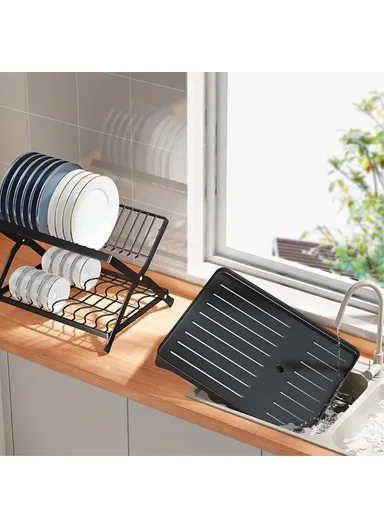 Storage Drain Rack for Kitchen Double-Layer Tableware Folding Container Holder 006-WDJ-6958-BK (L42 x W30 x H27)cm - Black