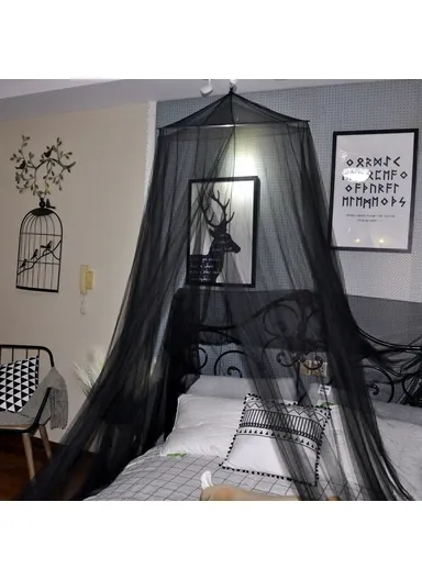 Breathable Hanging Mosquito Net Large Bed Polyester Canopy Curtain (D60 x H270)cm - Black