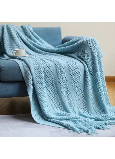 130x230cm Sofa Throw Blanket with Tassel Decor Skin-friendly Knitted Blanket JB004 - Lake Blue