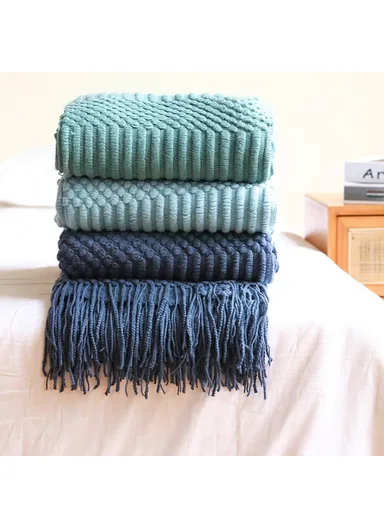 130x172cm Sofa Throw Blanket Tassels Design Shawl Blanket JB012 - Lake Blue