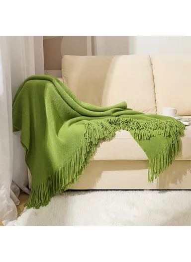 127x180cm Multifunctional Throw Blanket Soft Knitted Bed Blanket with Tassel Design JB015 - Grass Green
